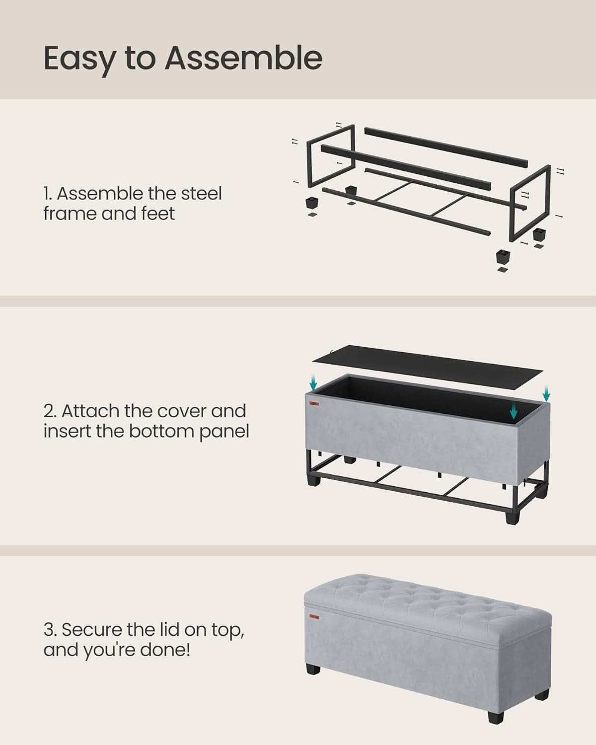 Dove Gray Velvet Storage Ottoman Bench 43 Inches Length
