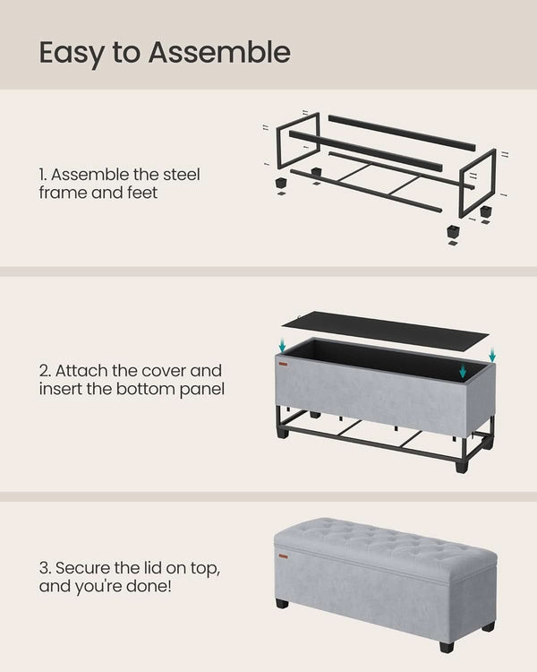 Dove Gray Velvet Storage Ottoman Bench 43 Inches Length