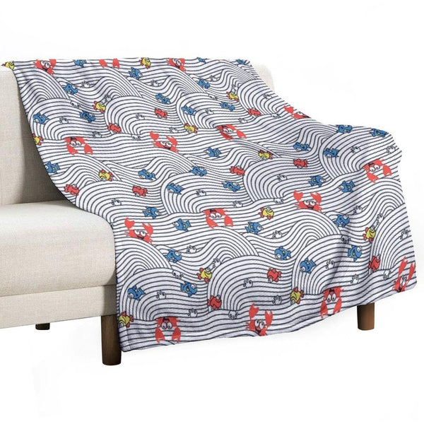 Grafic Waves from Stripes with Fish And Crabs. Sea Seamless Pattern. Throw Blanket