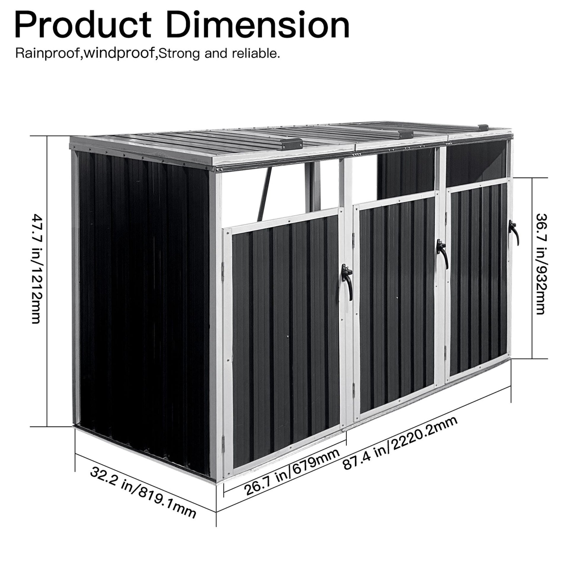 87 Inch Extra Large Heavy Duty Outdoor Metal Garbage Bin Shed For 3 Trash Cans (SAK34981)