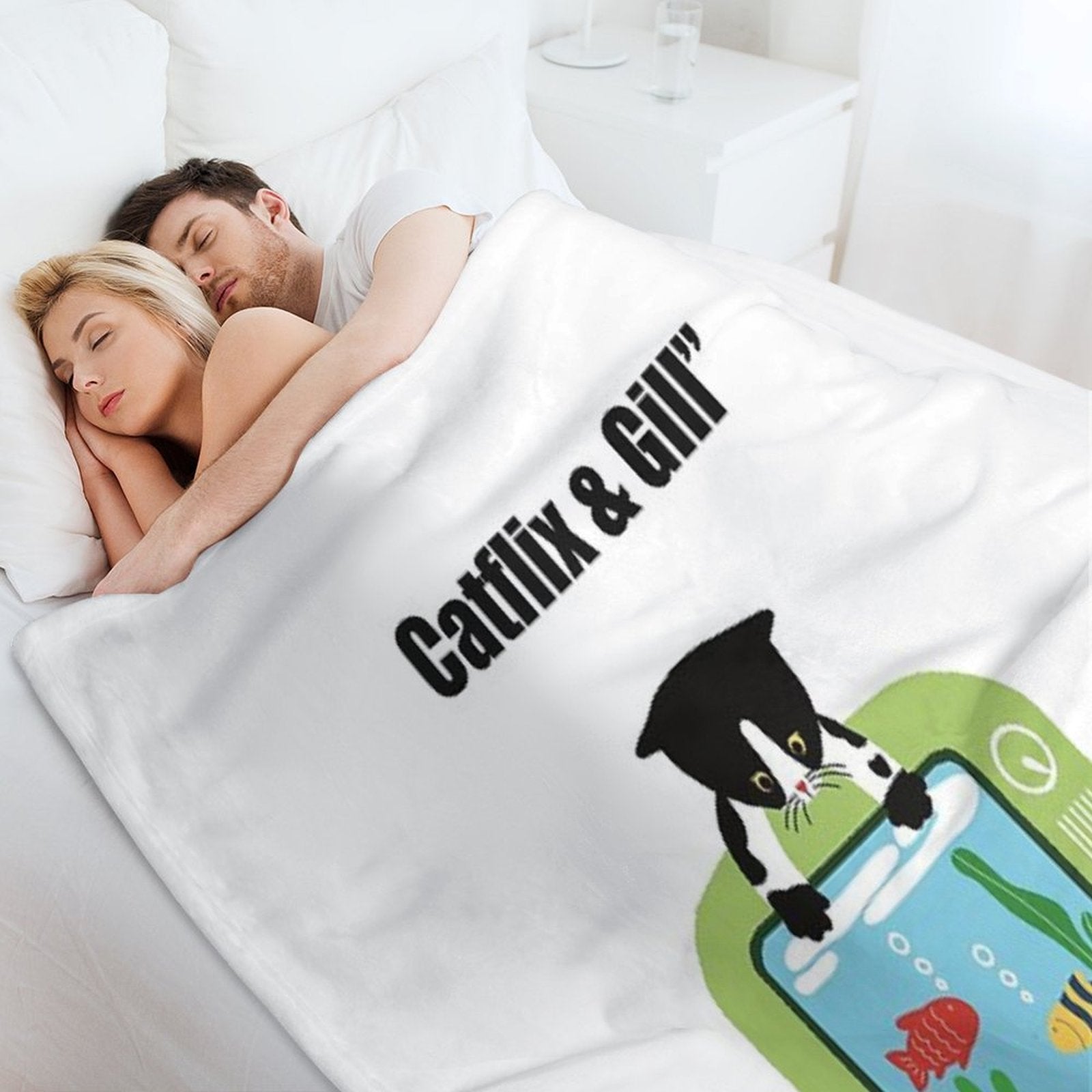 Catflix & Gill Funny Cat And Fish TV Design Premium Throw Blanket