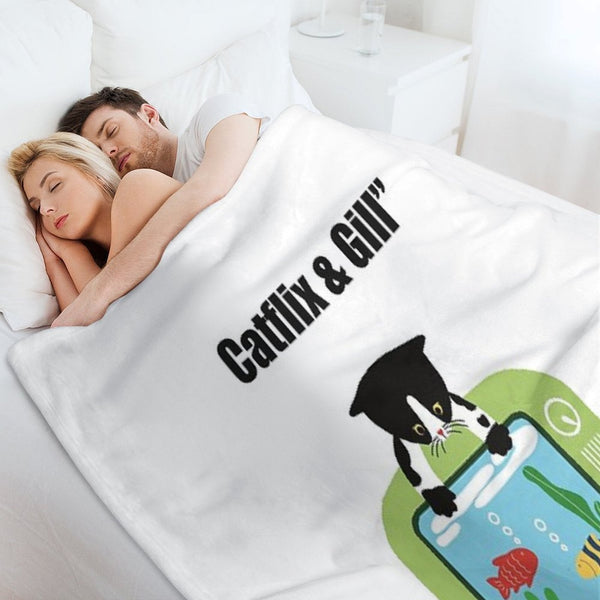 Catflix & Gill Funny Cat And Fish TV Design Premium Throw Blanket