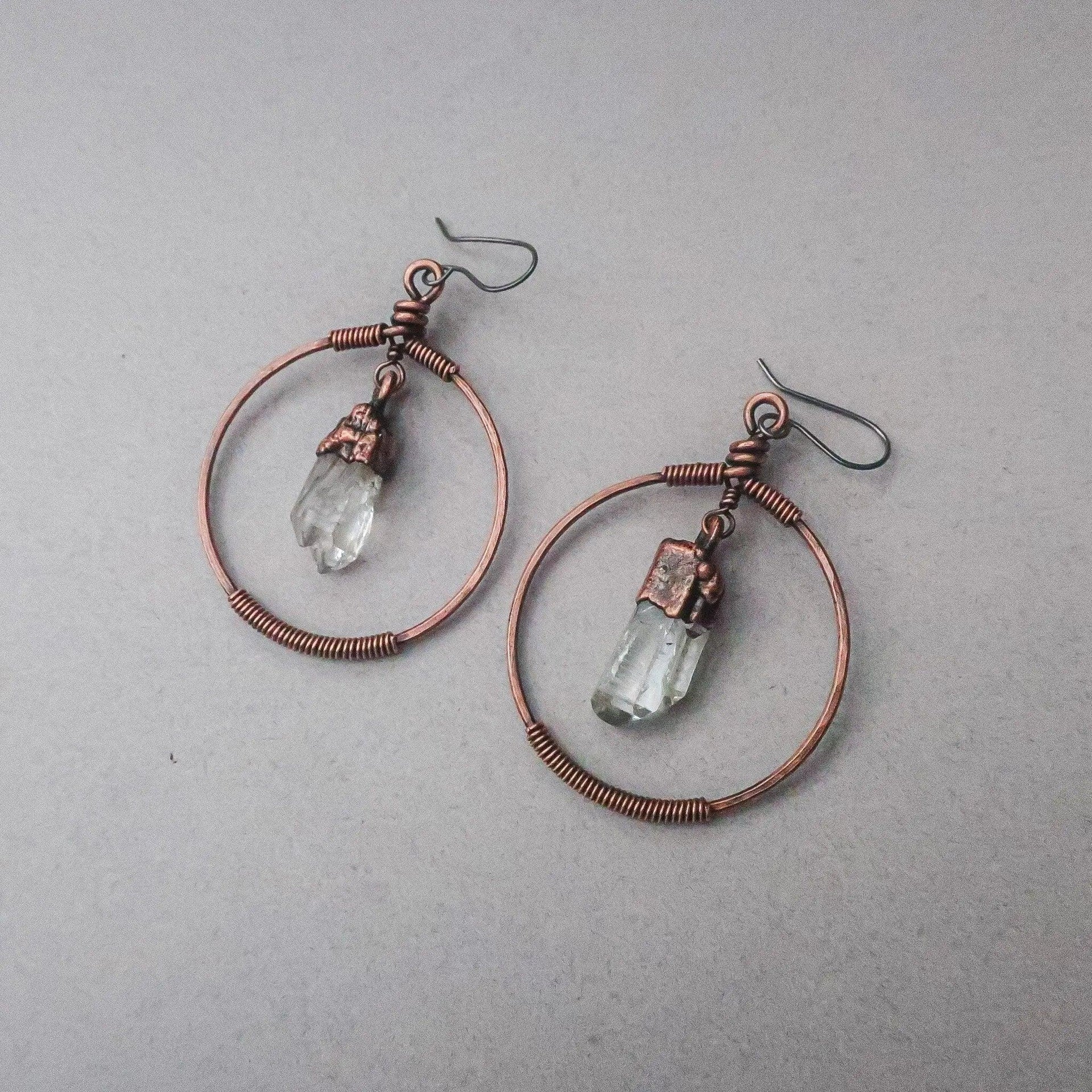 Quartz Earrings - Artisan Copper Hoops | Handmade by Blackbird & Sage