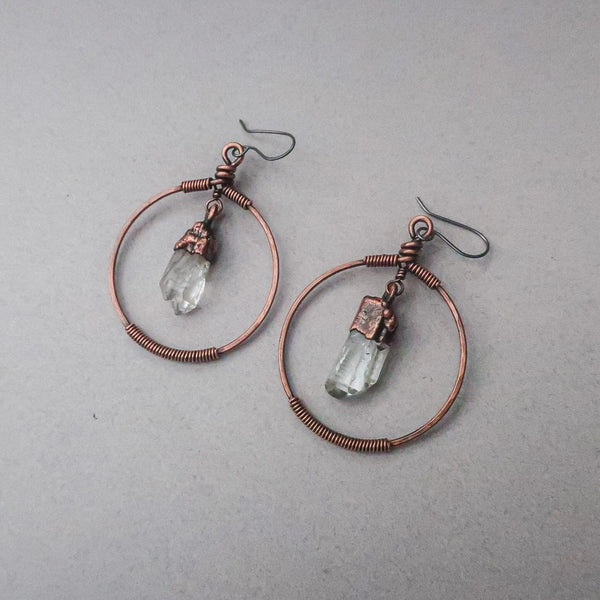 Quartz Earrings - Artisan Copper Hoops | Handmade by Blackbird & Sage