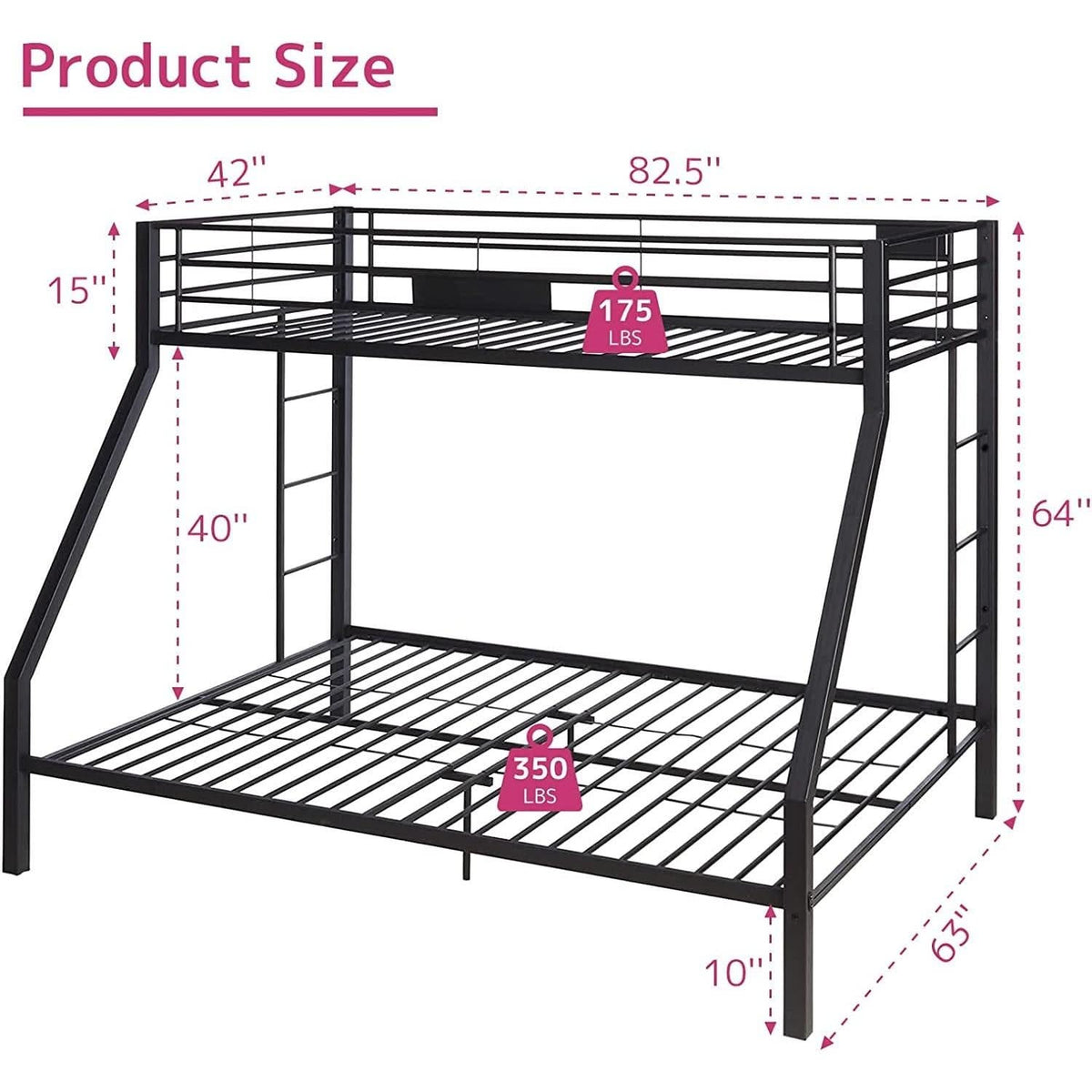Twin XL Queen Bunk Bed In Sandy Black Finish Metal Slats