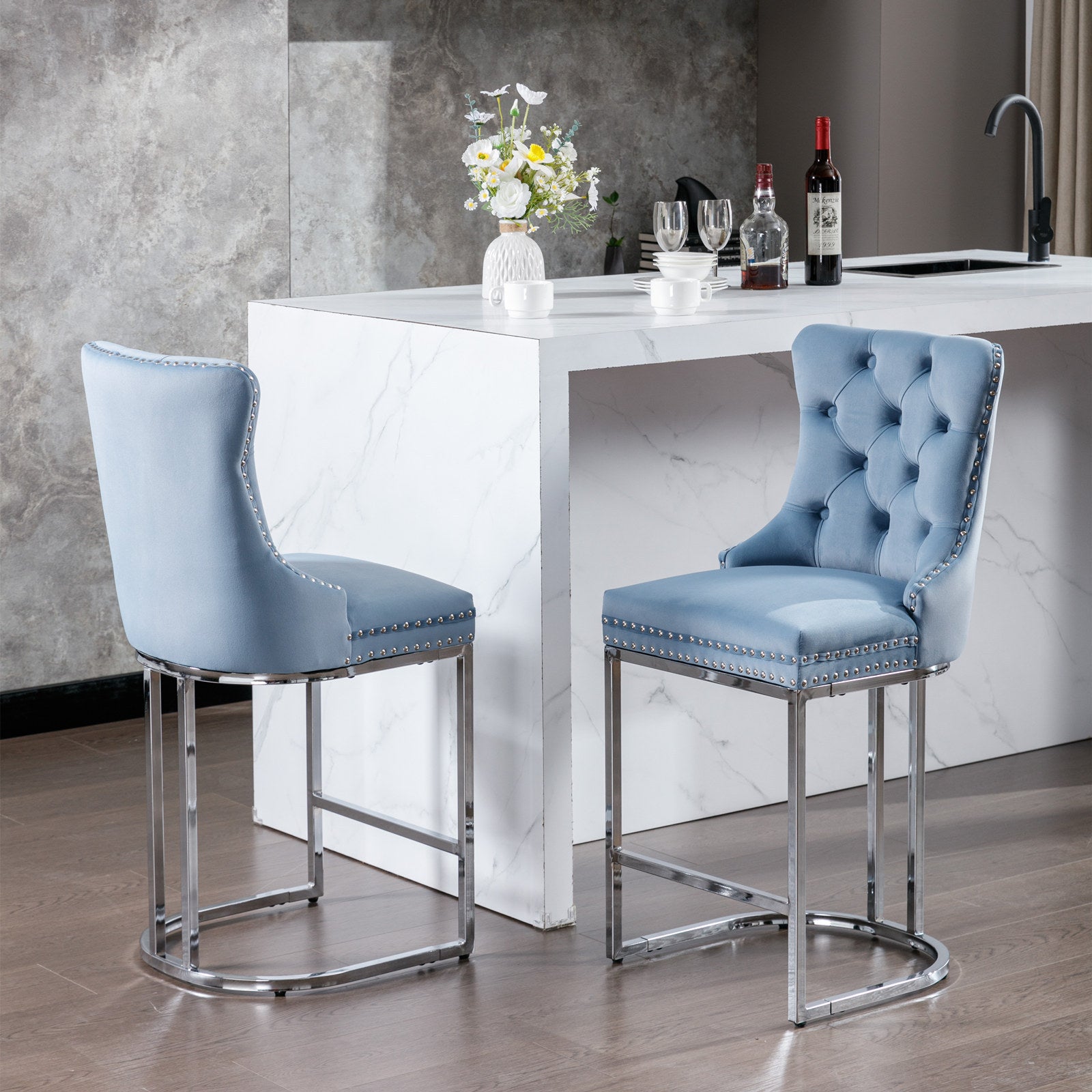 Set of 2 Light Blue Velvet Wing‑Back Bar Stool Set