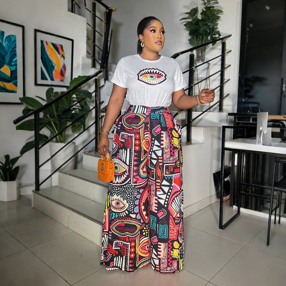 Printed Two-Piece Set Round Neck Short Sleeve Top Loose Comfortable Long Pants Wide Leg Pants Women's Clothing