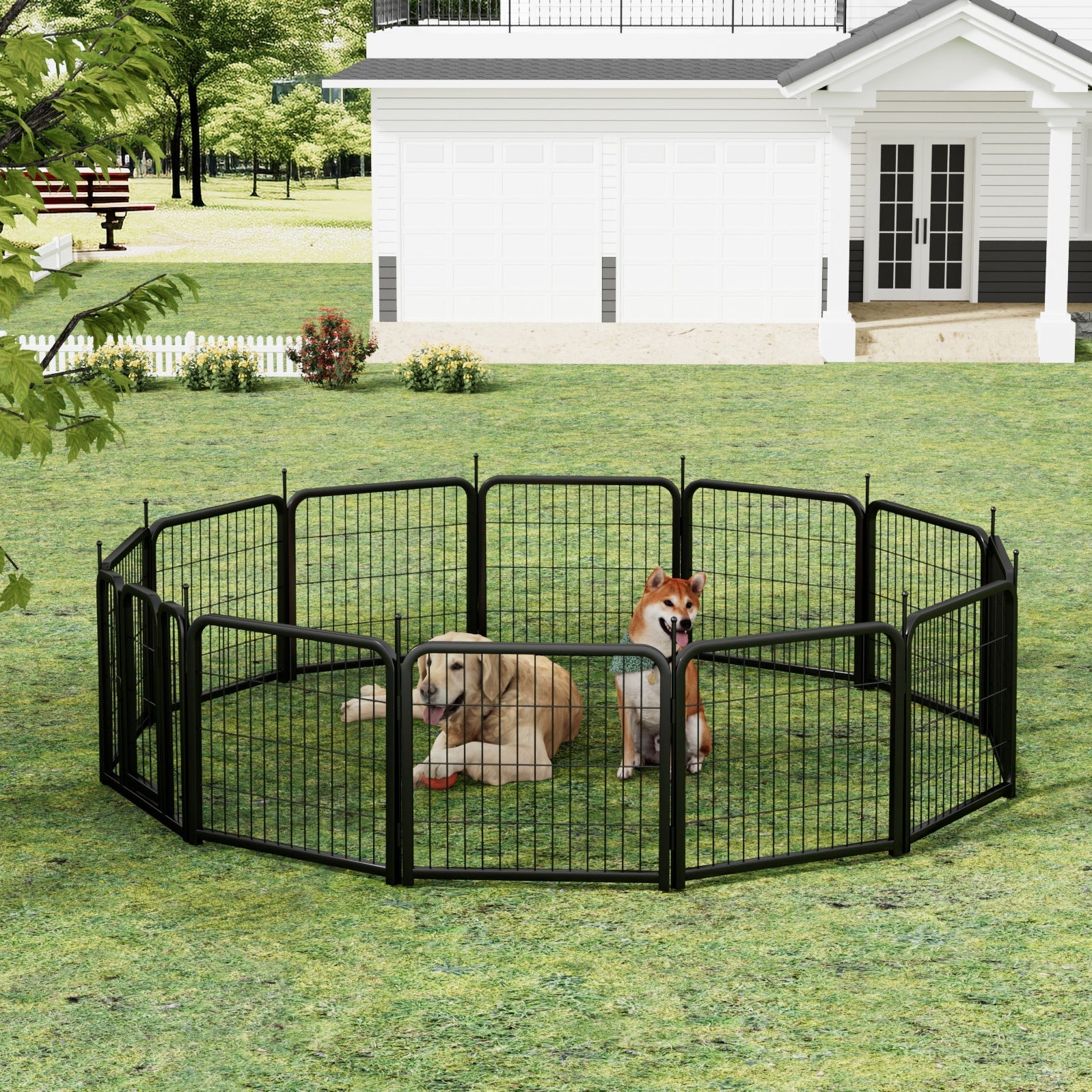 Outdoor 12 piece dog fence, 24 inch portable indoor game fence for small dog pets. Black, 22.2 inches wide x 23.6 inches high.