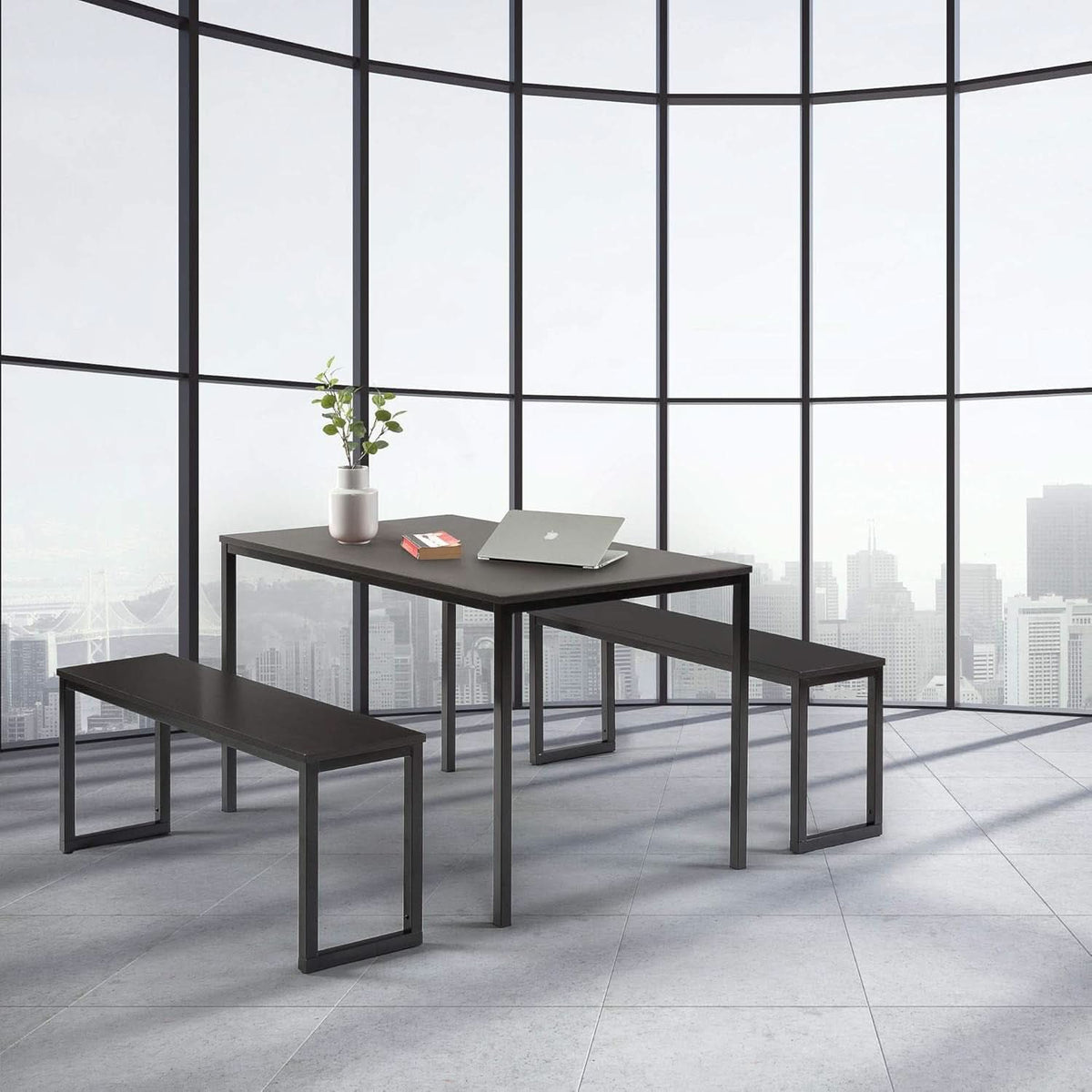 Espresso Textured Metal Frame Dining Table Benches