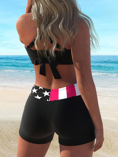 Bikini American Flag Print 2 Piece Criss Cross Halter Swimsuit for Women – High Stretch Patriotic Bikini Set with Ring Knot Back and Boxer Shorts Bottoms – Comfortable Summer Swimwear for Beach Pool and 4th of July Celebrations