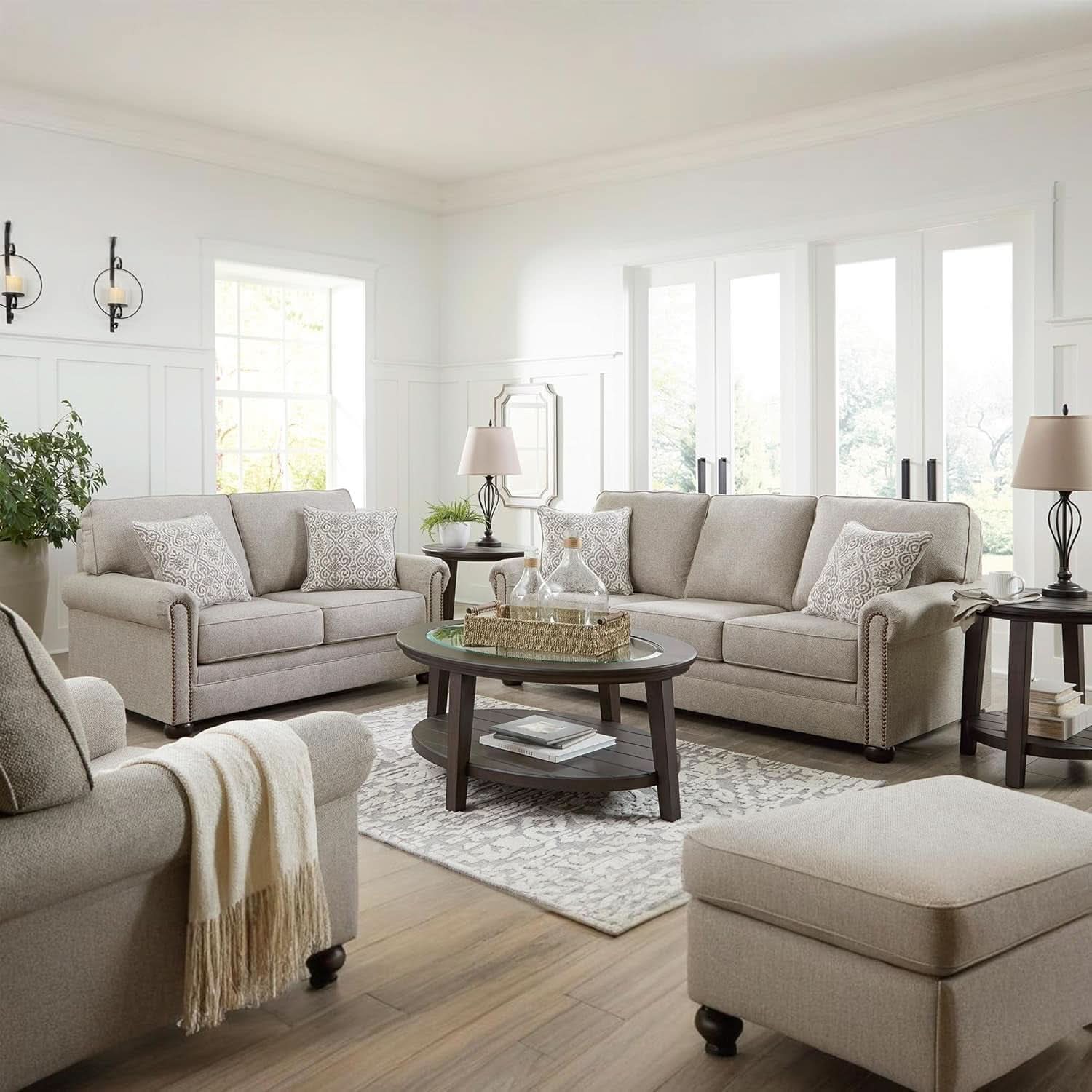 Rectangular Upholstered Ottoman Light Brown Bun Legs