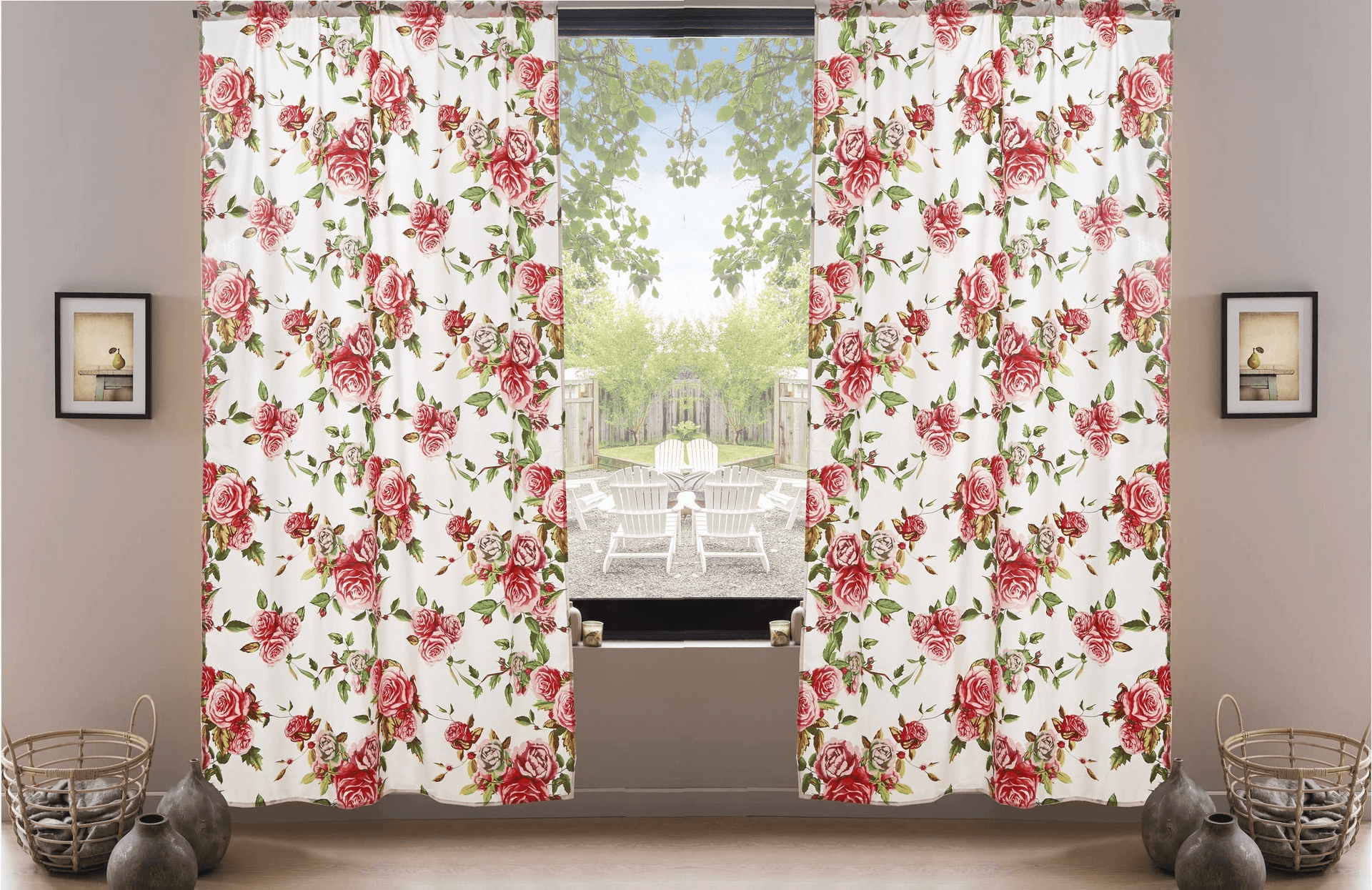 DaDa Bedding Set of 2-Pieces Romantic Roses Pink Floral Sheer Window Panel Curtains (JHW-879)
