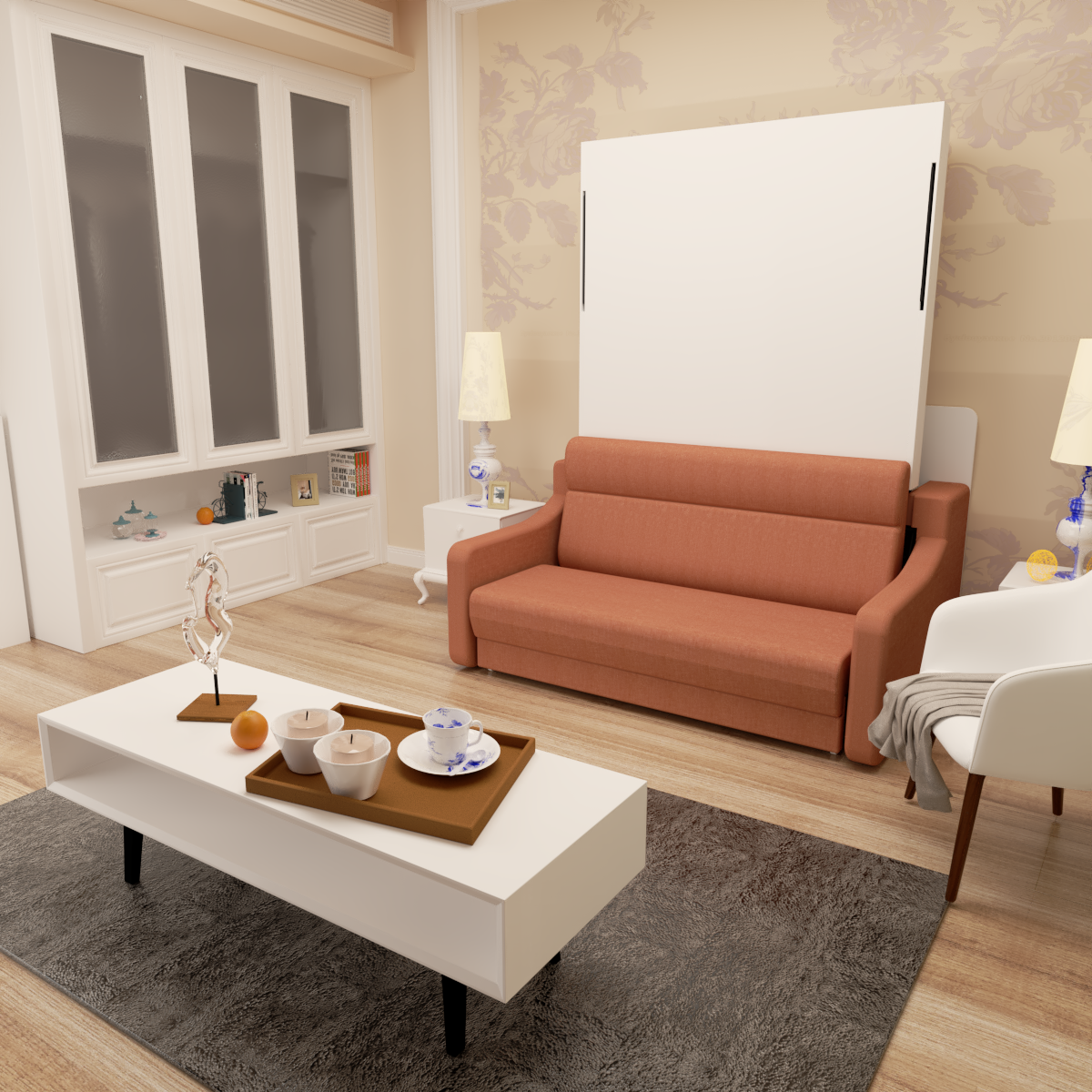 Full size Morden Deisgn vertical Murphy bed with sofa and drawers, white wall bed, space saving hidden bed with new gas pillars