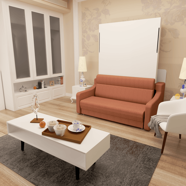 Full size Morden Deisgn vertical Murphy bed with sofa and drawers, white wall bed, space saving hidden bed with new gas pillars