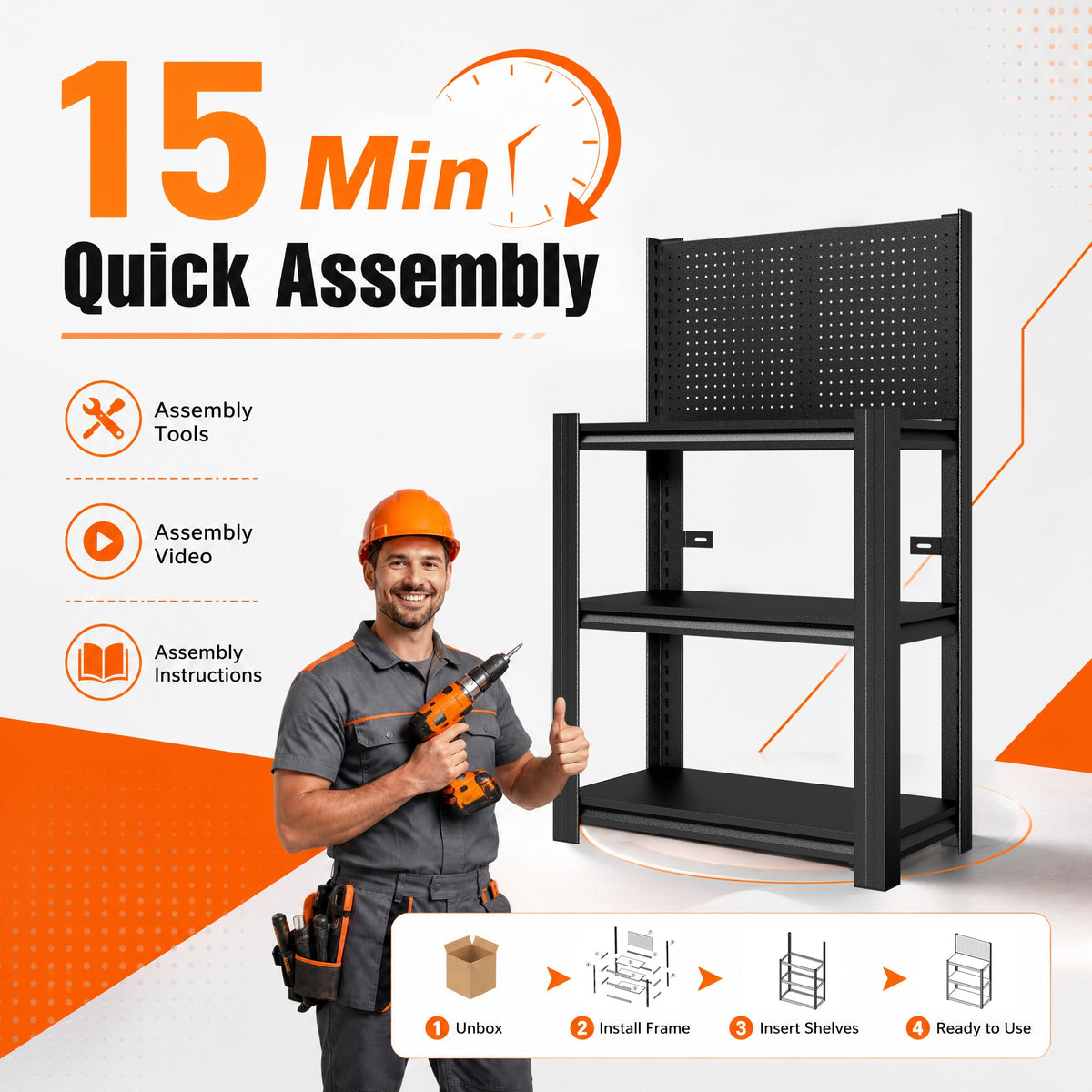 3-Tier Heavy-Duty Metal Storage Shelving Unit with Pegboard
