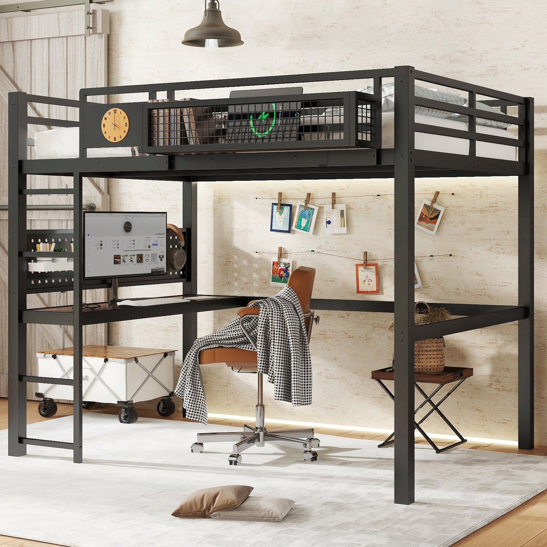 Full Size Loft Bed Frame with Desk and Storage Basket