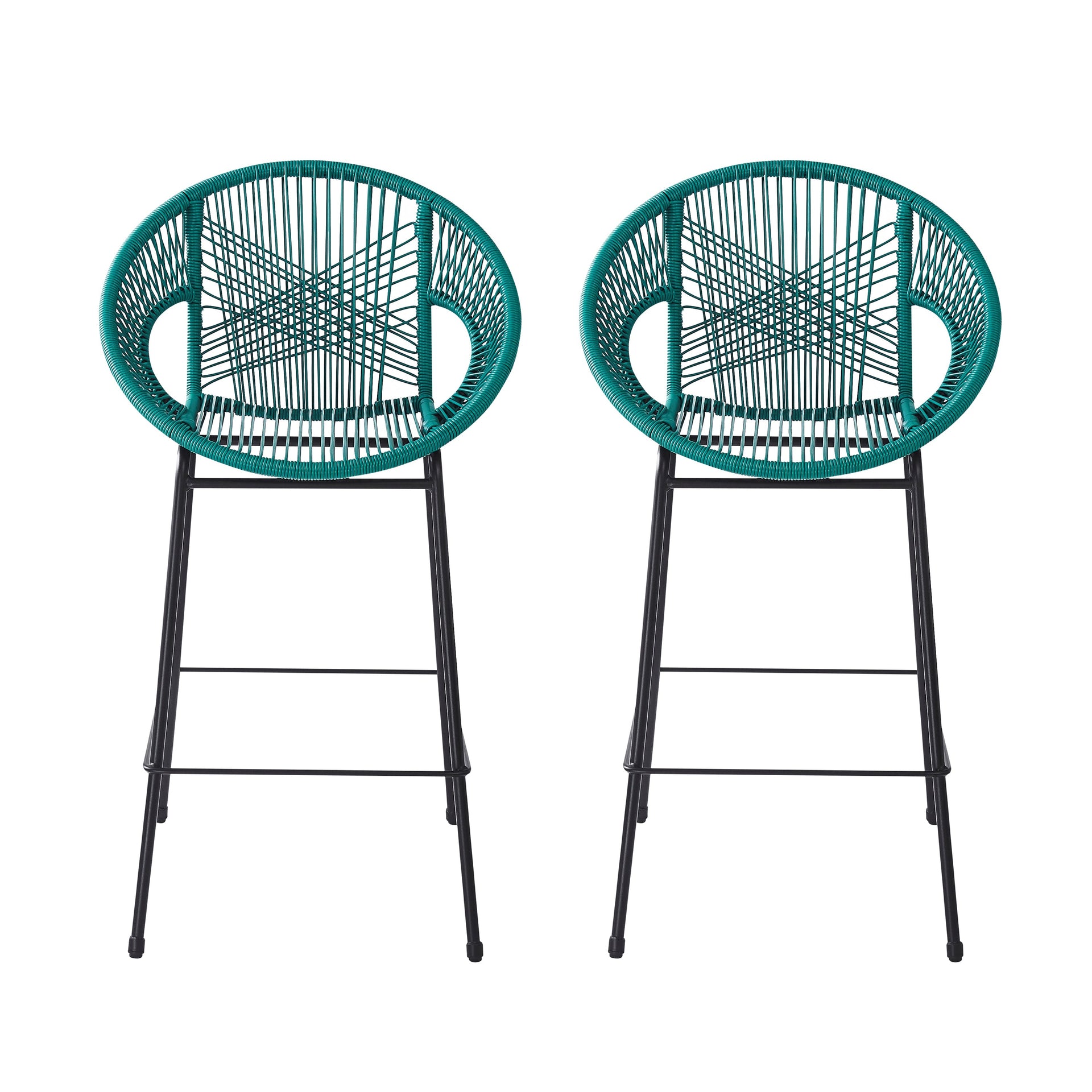 Ferrara Outdoor Patio Teal Faux Wicker Barstool Set, Durable PE Material, Ergonomic Design, Teal Wicker with Black Frame