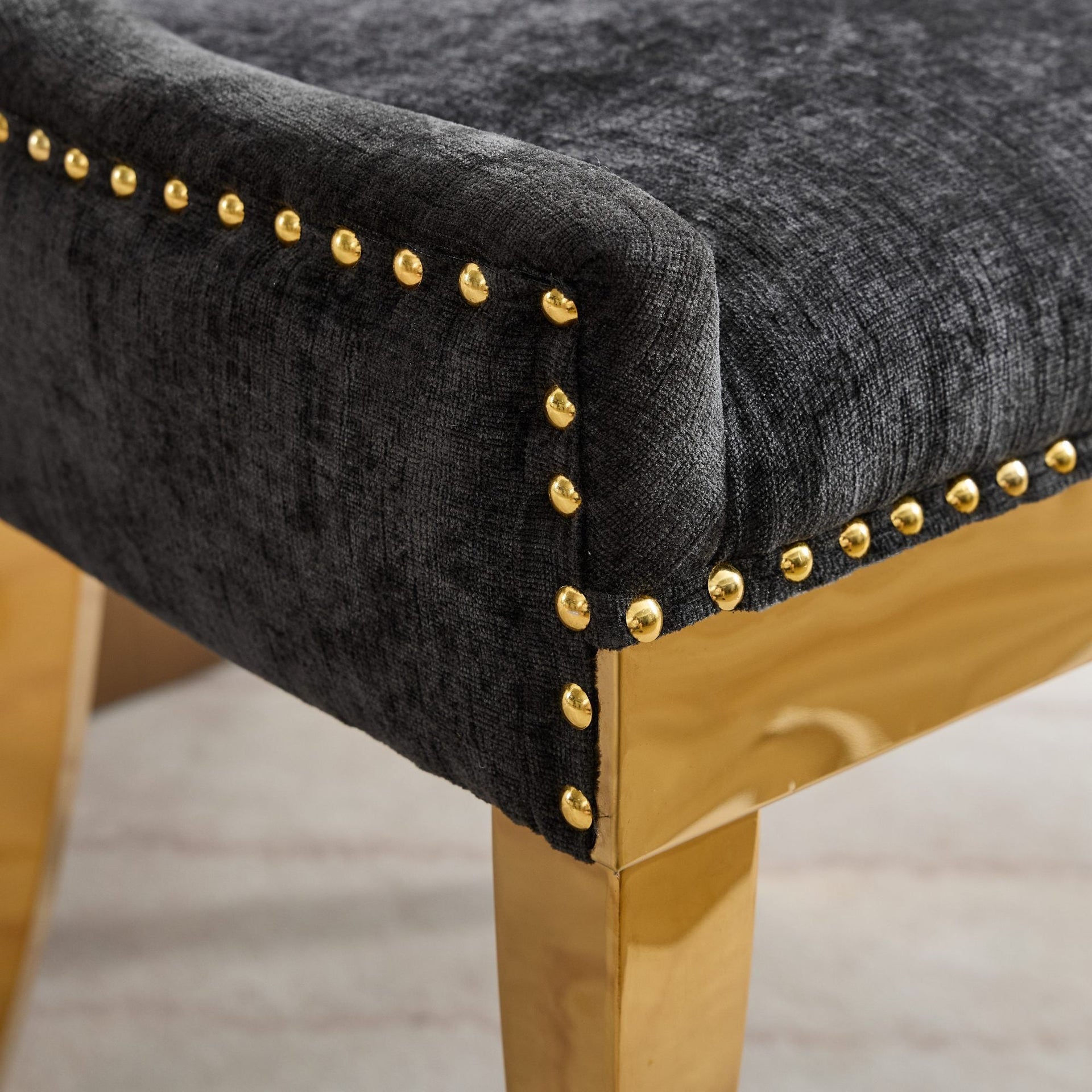 Chenille Dining Chairs Modern Style with Curved Gold-Plated Legs & Rivet Trim