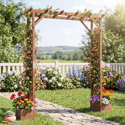 87in Tall Wooden Garden Arbor with Planter Boxes and Hanging Roof for Climbing Plants-Orange