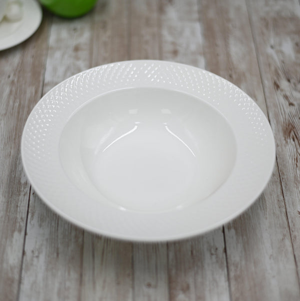 White Porcelain Deep Plate With Embossed Wide Rim 9