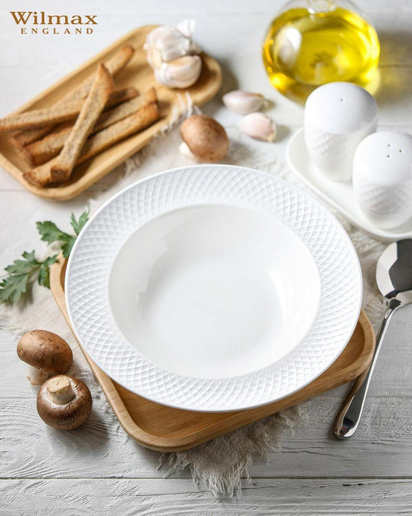 White Porcelain Deep Plate With Embossed Wide Rim 9