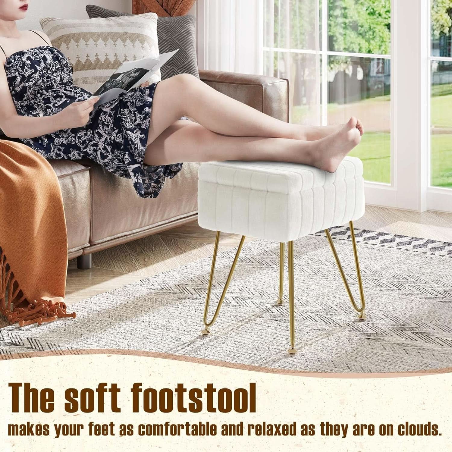 White Faux-Fur Vanity Stool With Premium-Grade Stowable-Storage