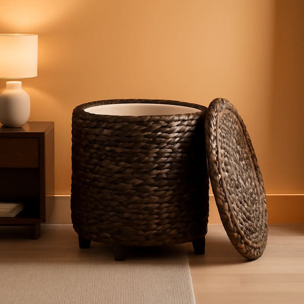 Espresso Handwoven Water Hyacinth Seventeen Inch Ottoman