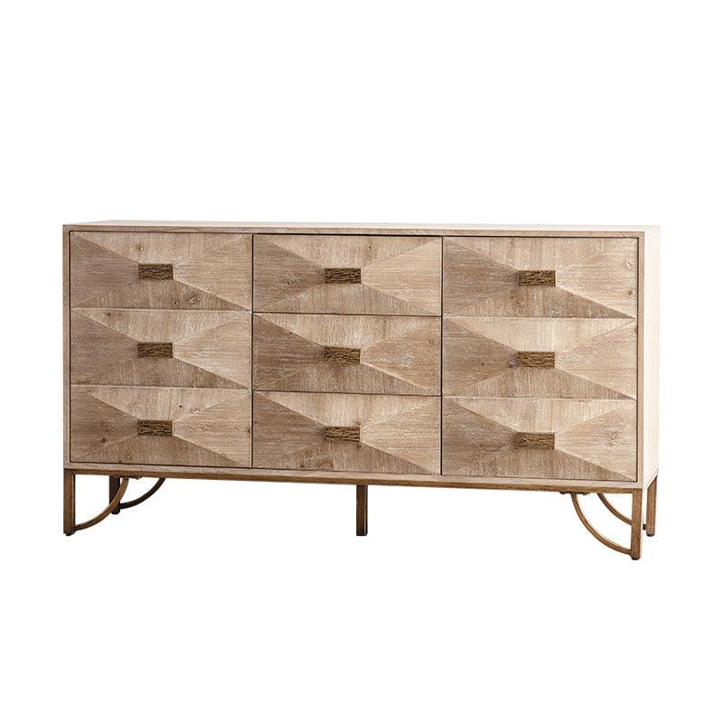 Natural Wood Sideboard Buffet Cabinet with Geometric Doors & Gold Legs