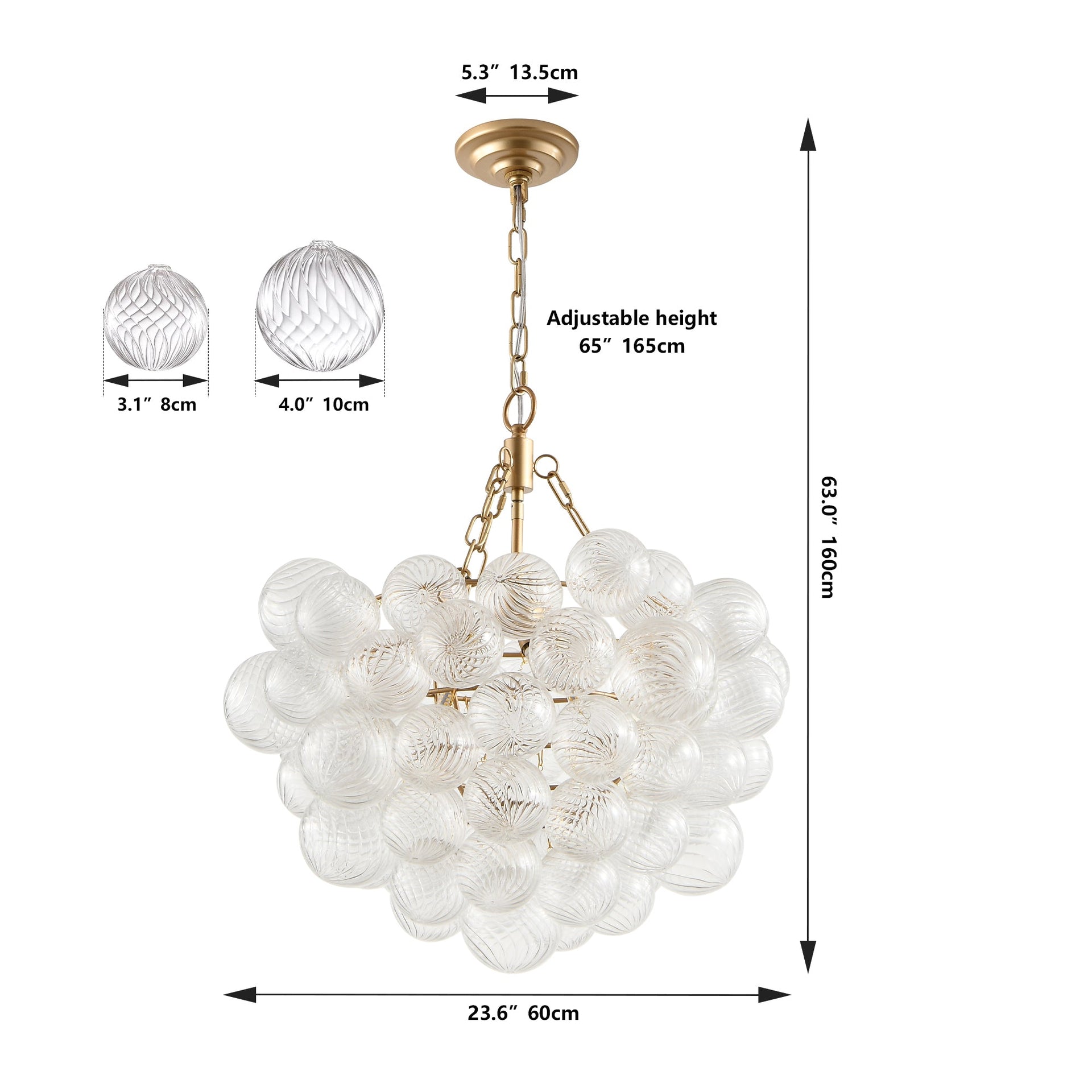 Gold Pendant Chandelier with Threaded Clear Glass Globe Shade for Living, Dining & Kitchen