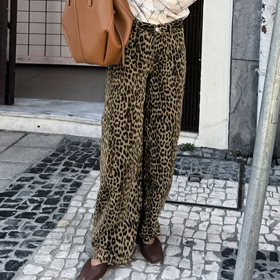 American retro leopard print casual pants with high waist design niche fashion loose and wide leg pants