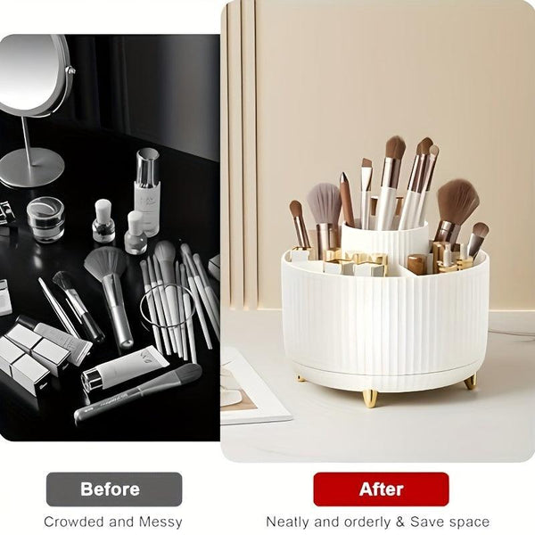 360° Rotating Makeup Organizer - 1pc Plastic Cosmetic Storage with 5 Compartments - Multi-Functional Holder for Brushes, Lipsticks, Skin Care Products, and Stationery - Durable Unscented Desk Caddy with Luxury Stripe Design DSers Fulfillment
