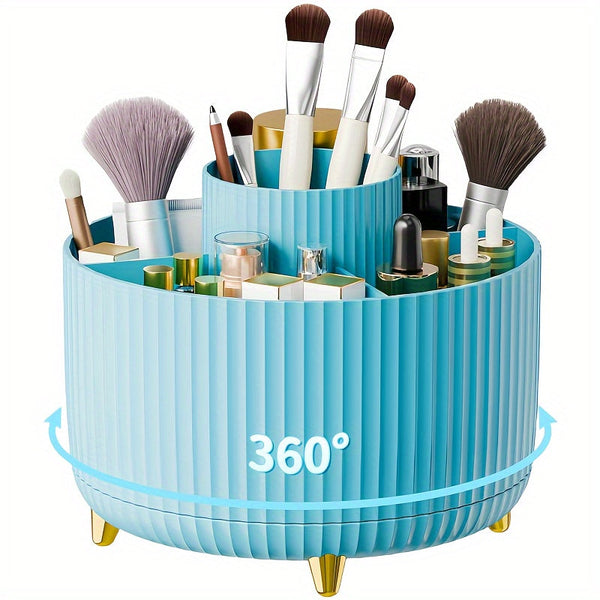 360° Rotating Makeup Organizer - 1pc Plastic Cosmetic Storage with 5 Compartments - Multi-Functional Holder for Brushes, Lipsticks, Skin Care Products, and Stationery - Durable Unscented Desk Caddy with Luxury Stripe Design DSers Fulfillment