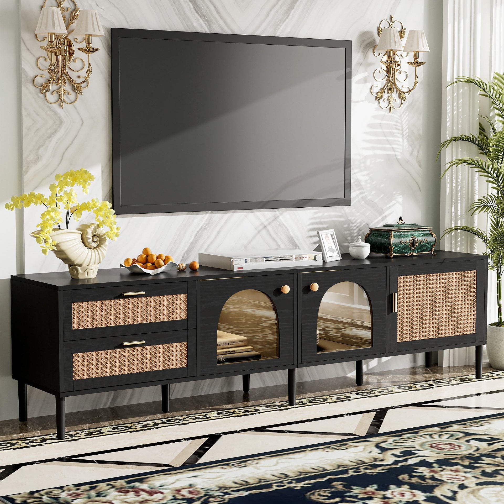 Rattan TV Stand with 3 Cabinets & 2 Drawers, Rattan-inspired Media Console Table for TVs up to 80'', LED Light Entertainment Center, TV cabinet for Living room, Bedroom, Home Theatre