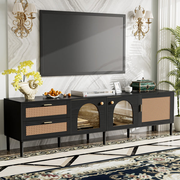 Rattan TV Stand with 3 Cabinets & 2 Drawers, Rattan-inspired Media Console Table for TVs up to 80'', LED Light Entertainment Center, TV cabinet for Living room, Bedroom, Home Theatre