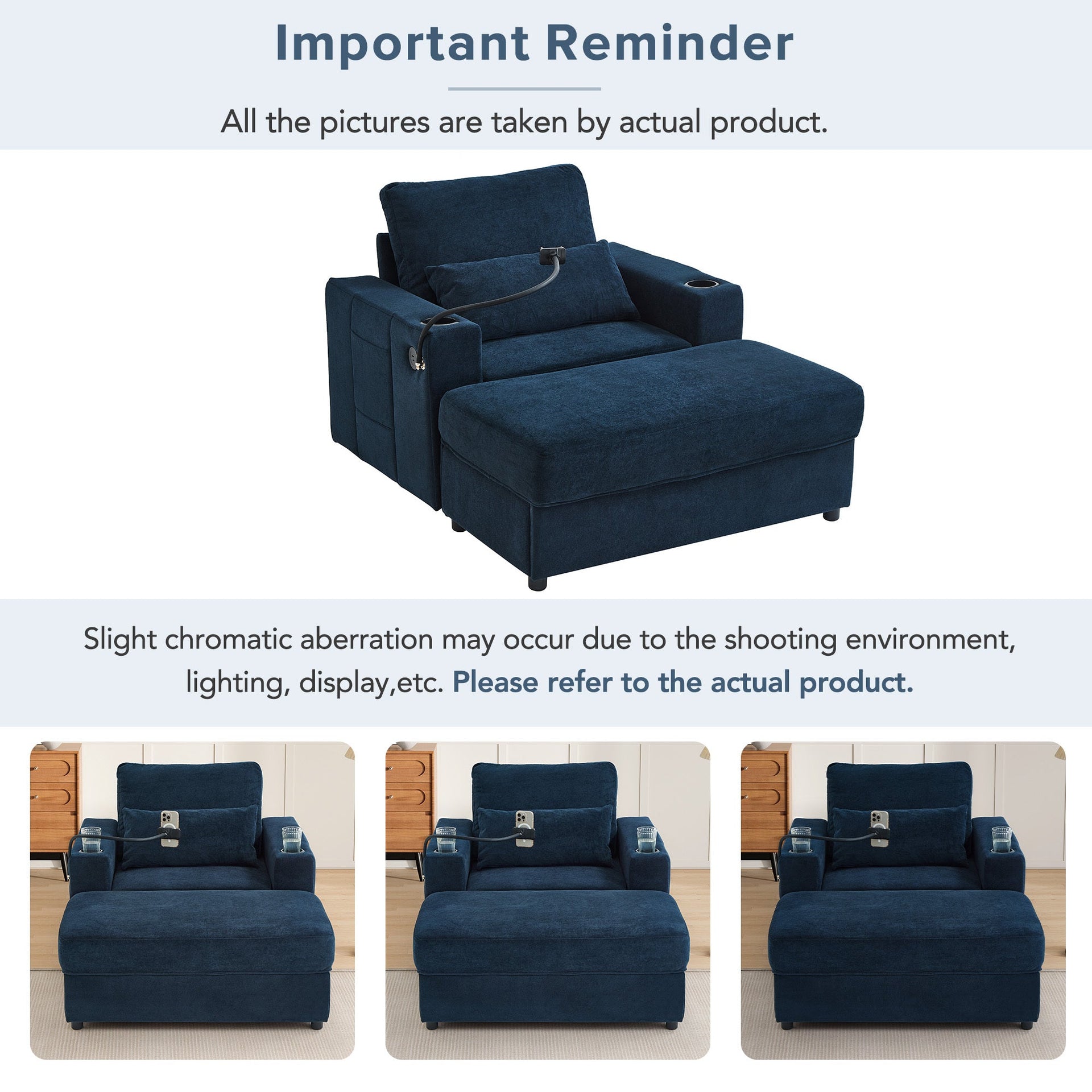 Modern Style Armchair Chaise Lounge  with Movable Storage Ottoman, USB Ports, and Cup Holders