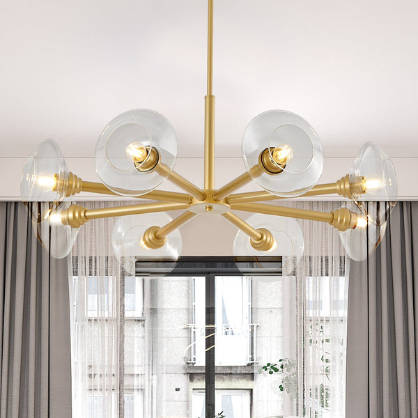 Modern Gold 8-Light Sputnik Chandelier with Clear Glass Shades, Mid-Century Hanging Pendant Light Fixture for Dining Room, Living Room, or Kitchen (Bulb Not Included)