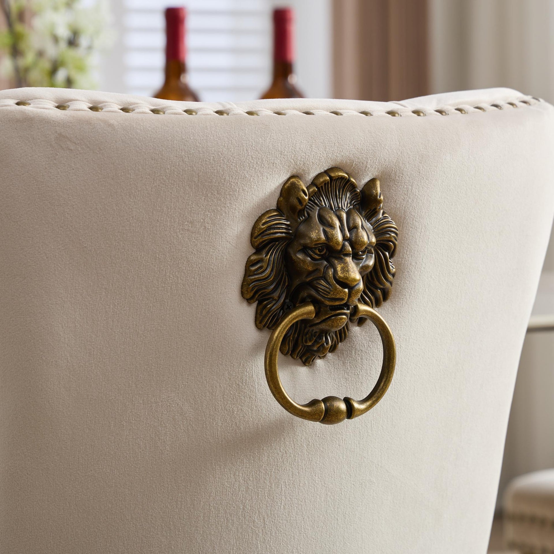 Mid-Century Modern Tufted Velvet Dining Chairs with Lion Head Pull Ring and Nailhead Trim
