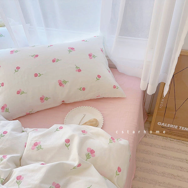 Pink tulip floral single person pure cotton pillowcase 48 * 74cm pillow core cover made of all cotton