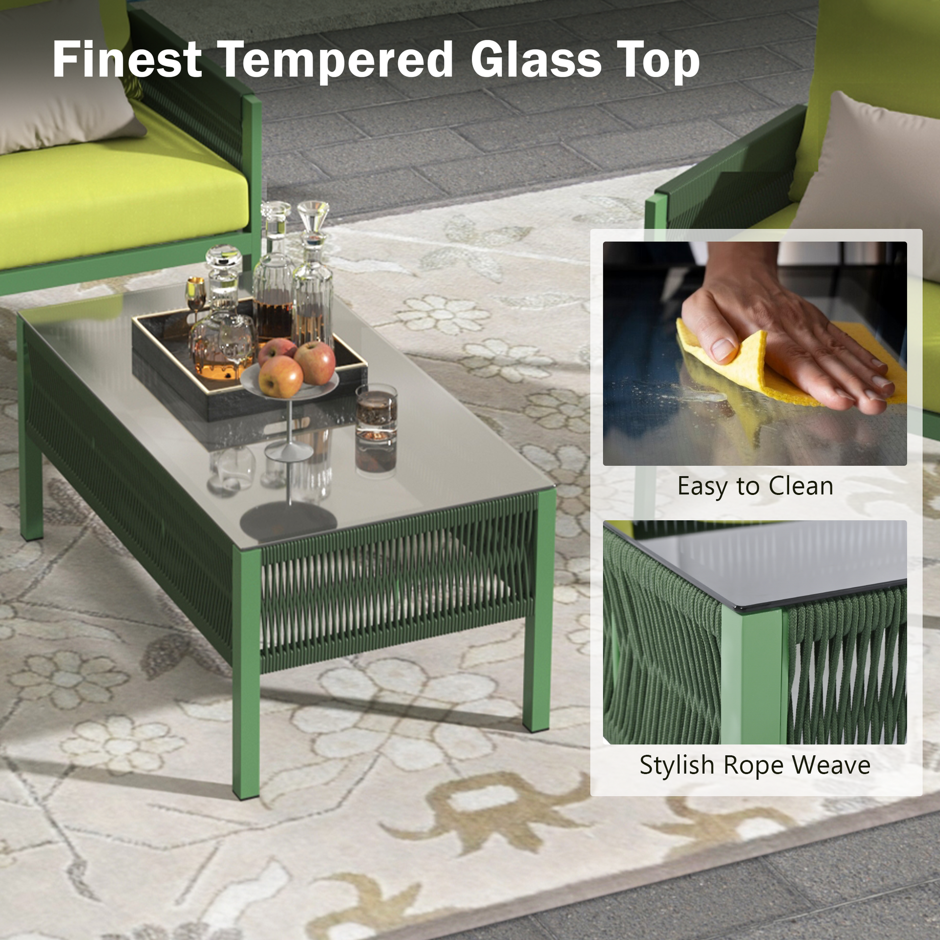 Outdoor Furniture with Tempered Glass Table,  Set Deep Seating with Thick Cushion  (Fluorescent Yellow & Green)