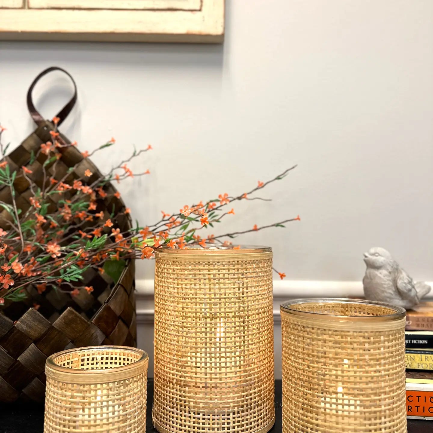 WEAVED RATTAN WRAPPED GLASS VASE/CANDLE HOLDER