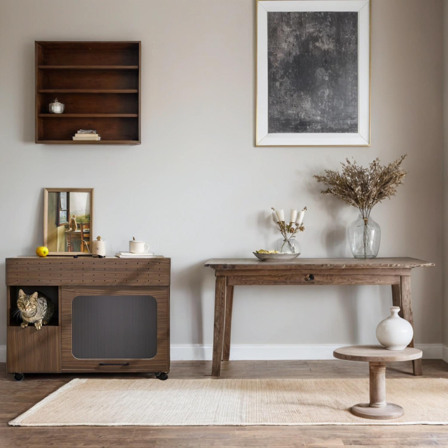 Furniture Style Multi-use Cat Litter Box House with Storage Walnut Particle Board MDF