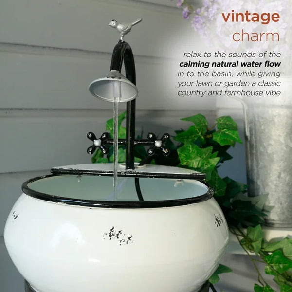 32 in. Tall Outdoor Antique Metal Sink Water Fountain and Stand, White