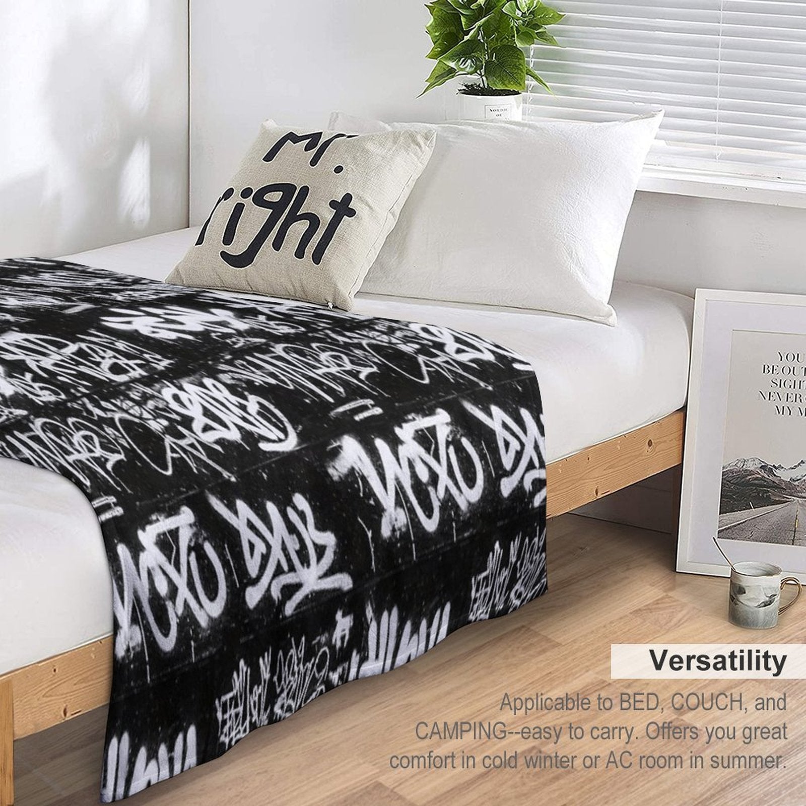 White Graffiti Tags on Black Wall Mural Durable Throw Blanket