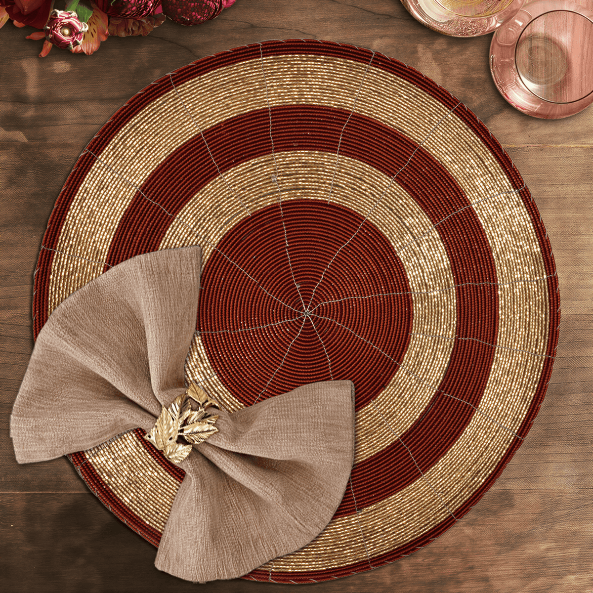 Beaded Placemats – Round Handmade Table Decor with Embroidered Beads, 14 Inch