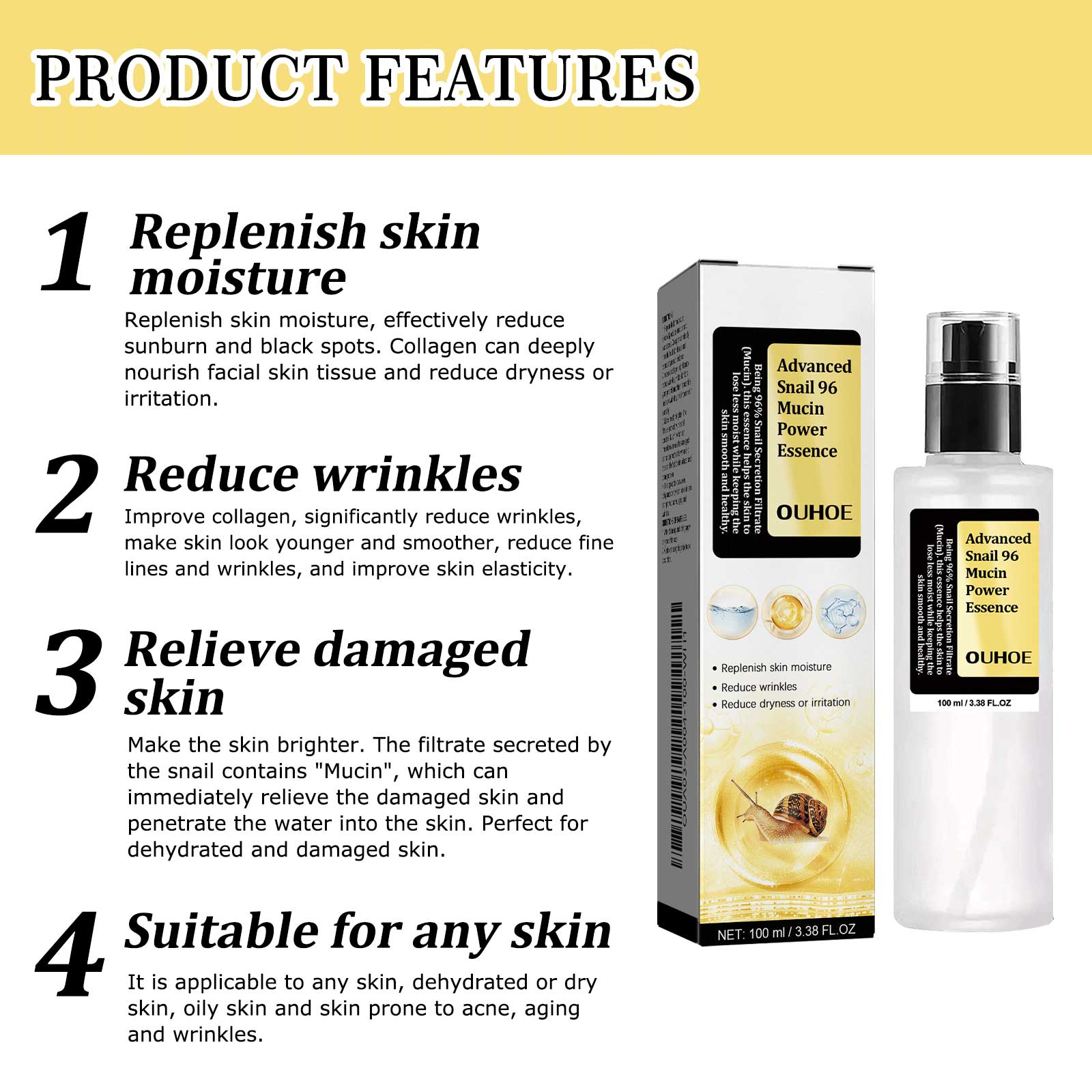 Snail 96 Collagen Power Essence, Repair Skin Barrier Moisturizing And Fading Dark Spots Snail Essence