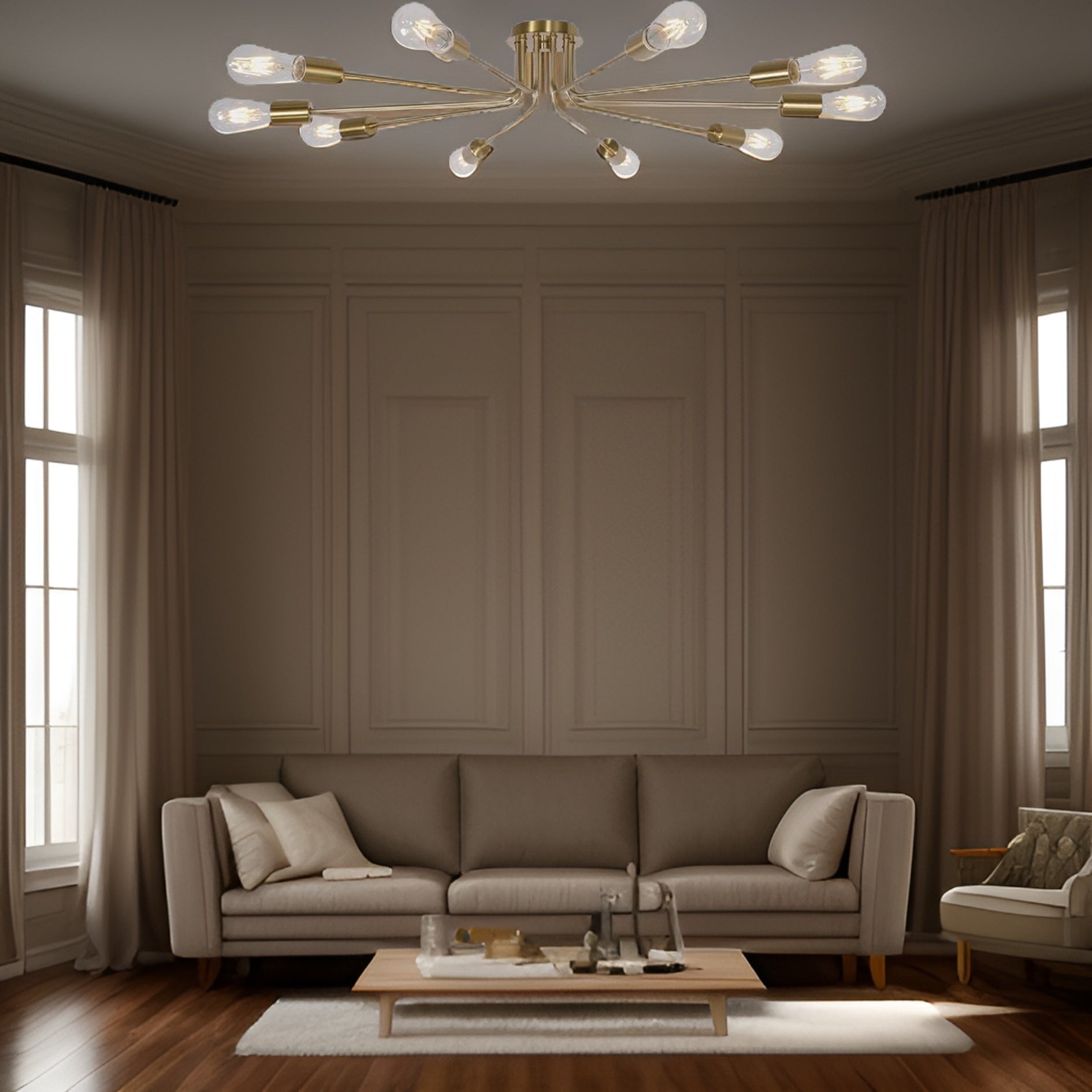 10 Light Sputnik Chandelier Brushed Gold Ceiling Light Semi Flush Mount Light Ceiling Lamp
