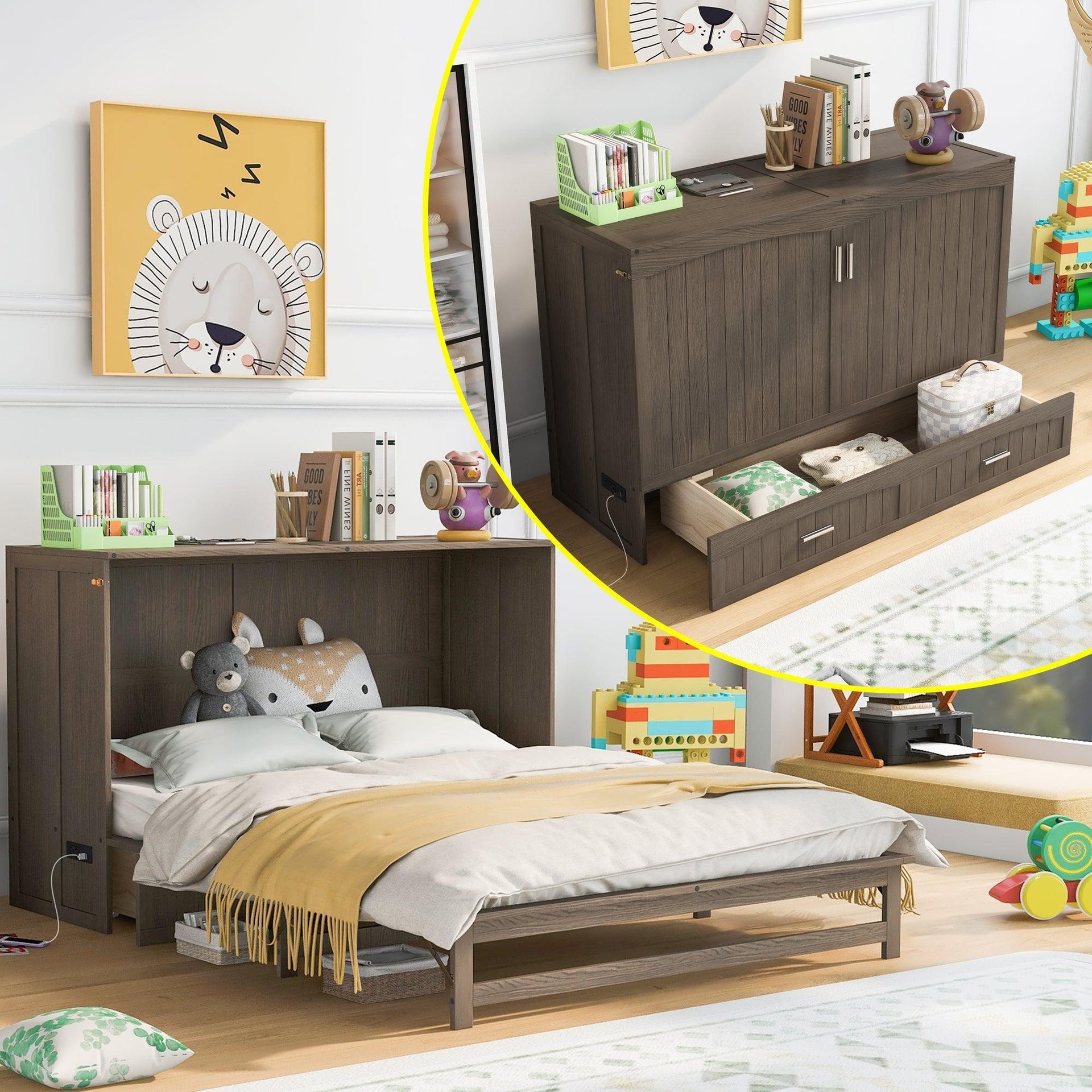 Queen Size Murphy Bed with Built-In Charging Station  Antique Grey