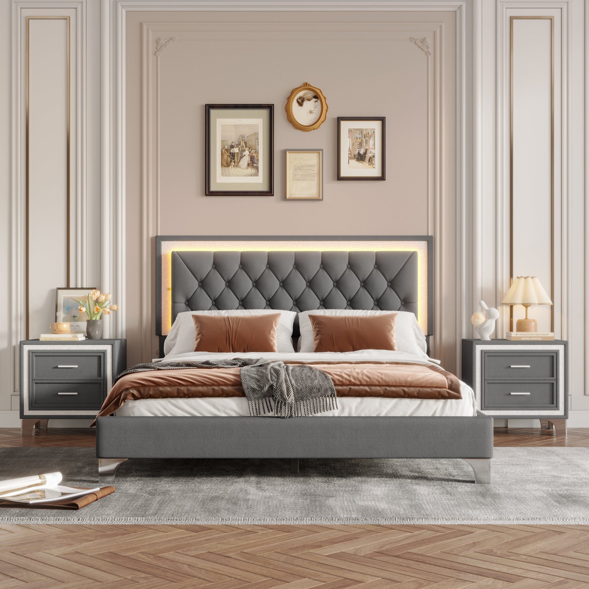 3-Pieces Bedroom Set - Queen Size Upholstered Platform Bed with LED Lights