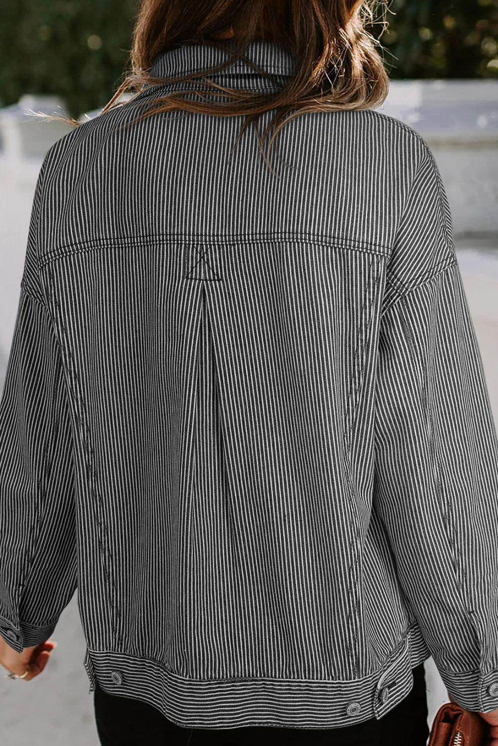 Striped Button Up Long Sleeve Denim Jacket for Women