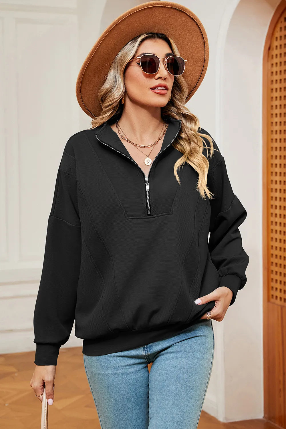 Autumn and winter new solid color zipper long sleeved loose pullover sweatshirt jacket for women
